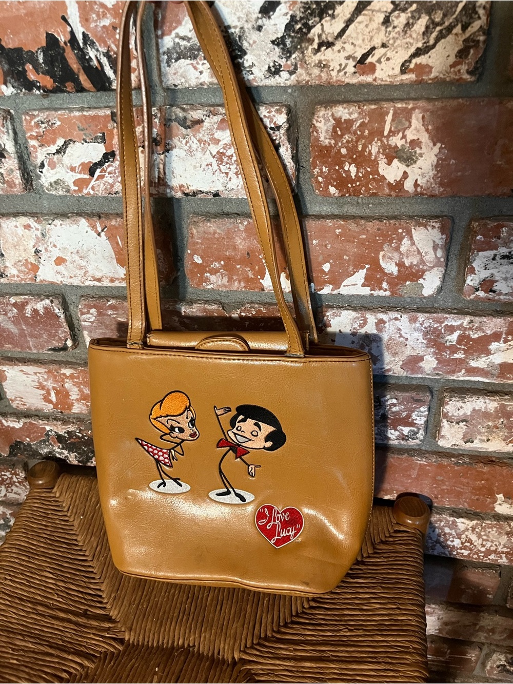 Vintage I Love Love Lucy Tan Leatherette Tote Bag with Cartoon Motif